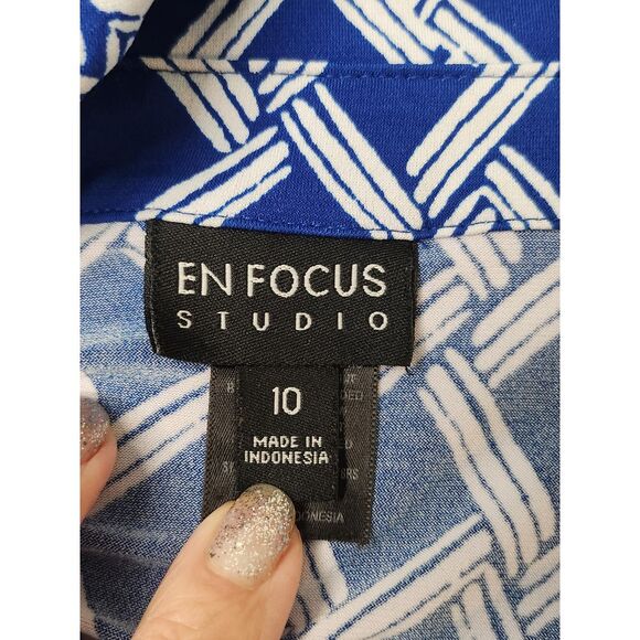 EnFocus Studio Blue & White Geometric print Soft‎ pull over V neck Dress Size 10 - Picture 6 of 7